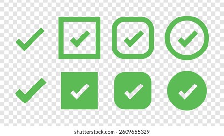 Set of green check marks in various shapes: square, circle, rounded square. Green check marks on transparent background. Symbols of approval and correctness. Vector element set.