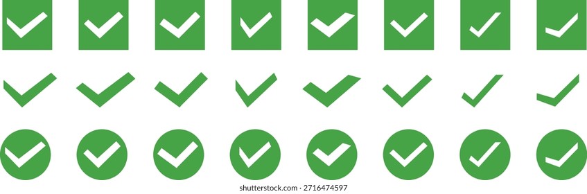 Conjunto de marcas de verificación verdes en varias Formas . Símbolo de la marca en color verde. Ilustración de marca de verificación dibujada a mano. Conjunto de iconos de marca de verificación verde, símbolos de confirmación y Aprobación. Aprobado, sí, confirmar, hecho, votar, aceptar, marcar, seleccionar, marcar la casilla.
