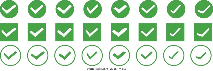 Conjunto de marcas de verificación verdes en varias Formas . Símbolo de la marca en color verde. Ilustración de marca de verificación dibujada a mano. Conjunto de iconos de marca de verificación verde, símbolos de confirmación y Aprobación. Aprobado, sí, confirmar, hecho, votar, aceptar, marcar, seleccionar, marcar la casilla.
