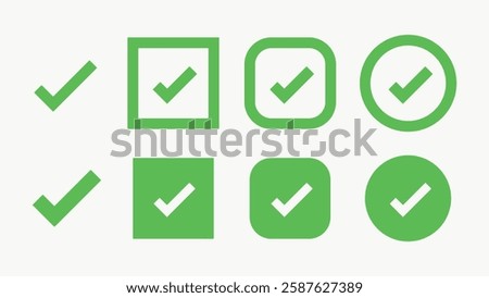 Set of green check marks in various shapes: square, circle, rounded square. Green check marks for approval, confirmation, validation. Simple, clean design. Vector element set.