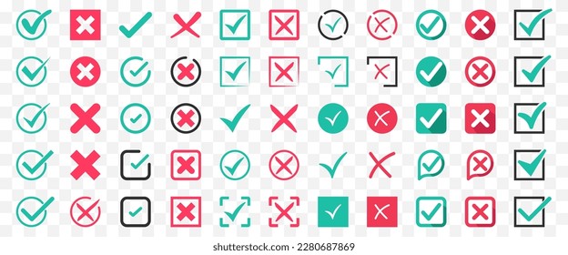 Set of green check and red cross icons. Approved and rejected