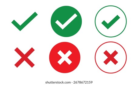 Conjunto de iconos de cuadros verdes y X rojos sobre fondo blanco.