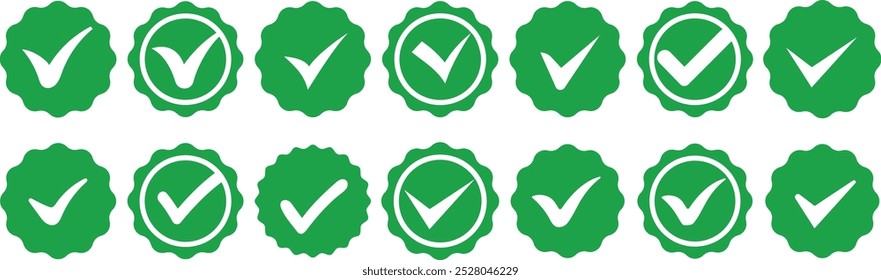 Conjunto de iconos de cheque verde o tick para el diseño. Comprueba el símbolo. Letrero de cheque comprobado. Símbolo aprobado Icono de marca de verificación aislada.