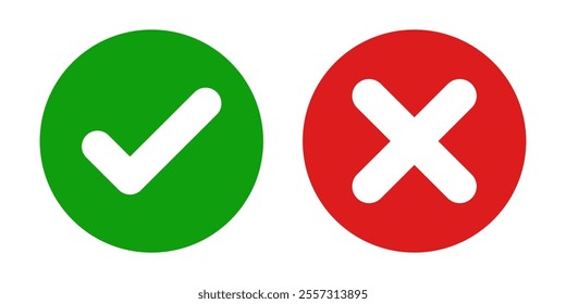 Set of green checkmark, red cross, x mark icon, flat rounded right and wrong sign concept vector illustration. tick mark symbol and x cross icon in a circle shape - isolated Check mark buttons.