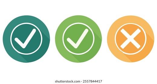 Set of green checkmark, red cross, x mark icon, flat rounded right and wrong sign concept vector illustration. tick mark symbol and x cross icon in a circle shape - isolated Check mark buttons.
