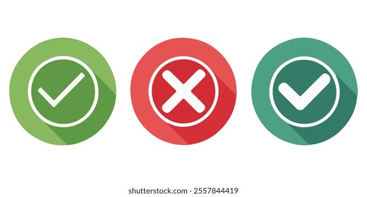 Set of green checkmark, red cross, x mark icon, flat rounded right and wrong sign concept vector illustration. tick mark symbol and x cross icon in a circle shape - isolated Check mark buttons.
