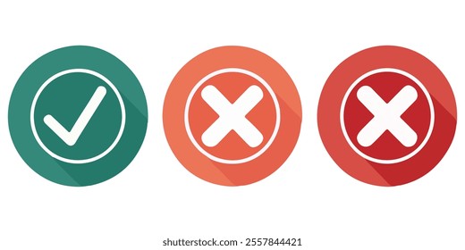 Set of green checkmark, red cross, x mark icon, flat rounded right and wrong sign concept vector illustration. tick mark symbol and x cross icon in a circle shape - isolated Check mark buttons.
