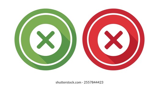 Set of green checkmark, red cross, x mark icon, flat rounded right and wrong sign concept vector illustration. tick mark symbol and x cross icon in a circle shape - isolated Check mark buttons.
