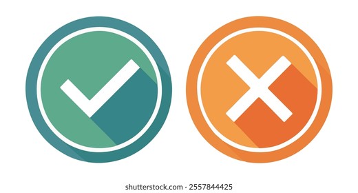 Set of green checkmark, red cross, x mark icon, flat rounded right and wrong sign concept vector illustration. tick mark symbol and x cross icon in a circle shape - isolated Check mark buttons.
