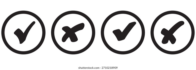 Conjunto de marca de verificación verde, cruz roja, ícono de marca x, Ilustración vectorial de concepto de señal derecha redondeada plana y equivocada