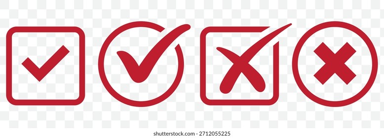 Set of green checkmark, red cross, x mark icon, flat rounded right and wrong sign concept vector illustration.