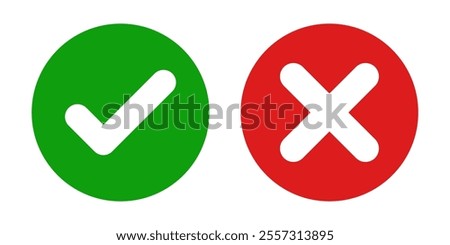 Set of green checkmark, red cross, x mark icon, flat rounded right and wrong sign concept vector illustration. tick mark symbol and x cross icon in a circle shape - isolated Check mark buttons.