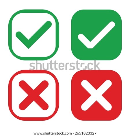 Set of green checkmark, red cross, x mark icon, flat rounded right and wrong sign concept vector illustration.