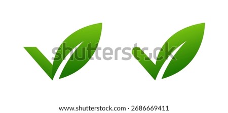 A set of green checkmarks in the form of leaves in a minimalistic flat design, symbolizing the approval of environmentally friendly organic products
