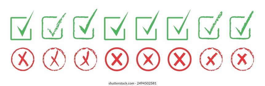 Set of green checkmarks on white background. Green tick. Isolated. Correct. Trendy icons. Symbol sign. Hand drawn. Button. Grunge texture. Brush. Ok. Verified. Textbox. Frame. Red cross. Right,  wrong