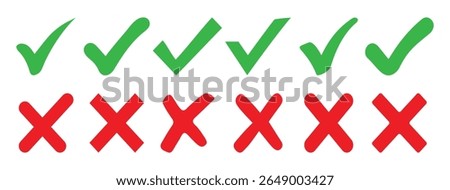 Set of green checkmarks, red cross, x mark icon, flat rounded right and wrong sign concept vector illustration. Green checkmark and red cross vector.
