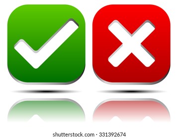 Set of green check-marks, ticks and red crosses 