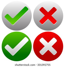 Set of green check-marks, ticks and red crosses 