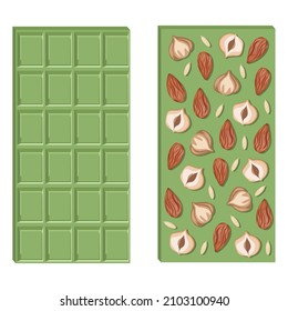 Conjunto de barras de chocolate verde de matcha con avellanas, almendras y semillas aisladas en fondo blanco. Ilustración vectorial realista.
