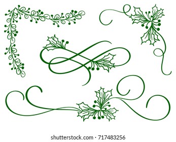 set of green christmas calligraphy flourish art with vintage decorative whorls for design on white background. Vector illustration EPS10