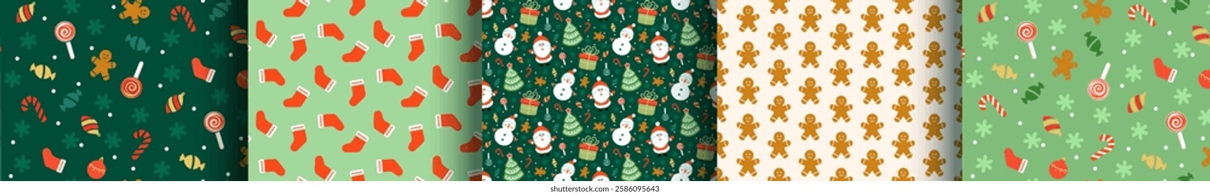 Set of Green Christmas seamless patterns. Santa, Snowman, Christmas tree, gift on green background, New year pattern for wrapping paper, fabric, card