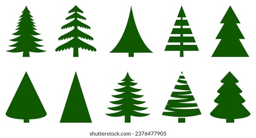 Conjunto de iconos verdes del árbol de Navidad. Ilustración del vector aislada en fondo blanco
