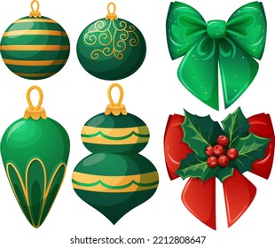 Set of green Christmas tree toys, balls and decorations