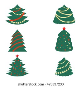  Set of Green Christmas Trees with Decoration Colored Decoration. Minimalistic Flat Style. Vector EPS 10
