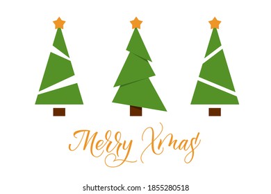 Set of Green Christmas Trees with a gold star on top in flat style with modern brush calligraphy Merry Xmas isolated on white background. Vector illustration.