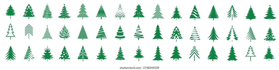 Set green Christmas Trees. Outline Illustration and Collection Icons. 