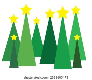 Set of green Christmas trees with stars. Christmas trees set.