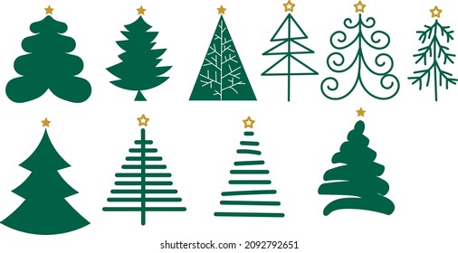 Set of green christmas trees in various designs with no background