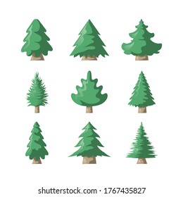 Set of green Christmas trees. Vector isolated colorful icon collection of evergreen spruce fir silhouettes.