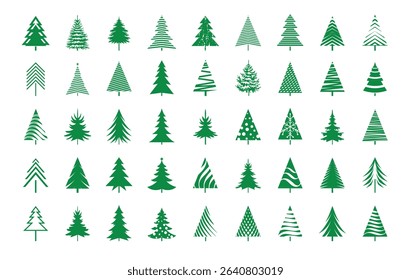 Set green Christmas Trees. Vector Illustration and Icons. Simplified and Synthetic Forest of Spruces and Firs. Icon collection. 