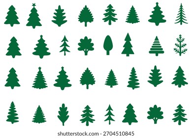 Establecer árboles de Navidad verdes. Ilustración vectorial e iconos