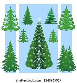 Set of Green Christmas Trees with White Flashes, Winter Symbols for Holiday Design. Vector