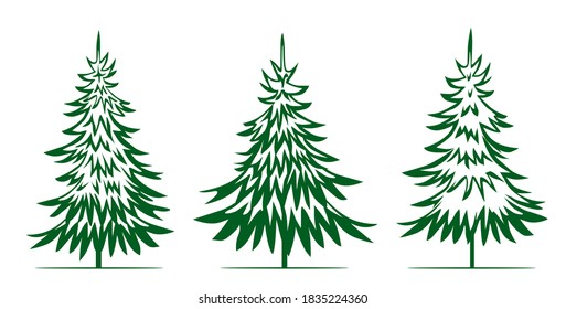 Eine Reihe grüner Weihnachtsbäume. Wintersaison Design Elemente und einfach Piktogrammkollektion. Isolierte Vektorgrafik-Symbole und Illustration.