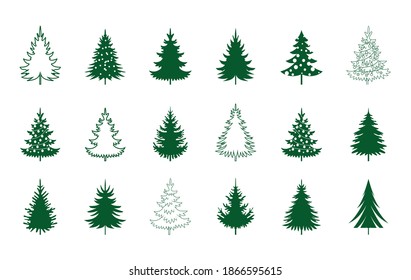 A set of green Christmas Trees. Winter season design elements and simply pictogram collection. Isolated vector xmas Icons and Illustration.