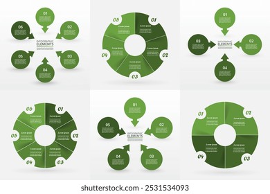 Set of green circle infographic elements with 4, 5 and options, parts or steps.
