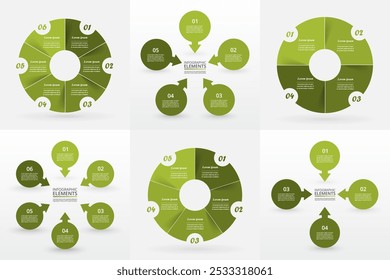 Conjunto de elementos de infografía de círculo verde con 4, 5 y 6 opciones, partes o pasos.