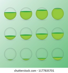 A set of green circular aquariums with different levels of water to show percentage value for info graphic presentation