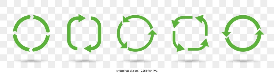 Set of green circular arrows with shadow on a transparent background