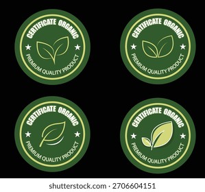 Set of green circular organic certificate seals and premium quality product badges with leaf icons, vector logo design