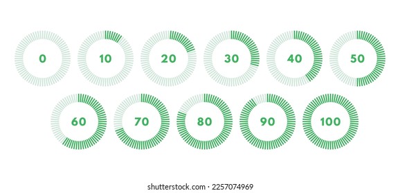 Set of green circular progress bar. Timer icon with ten percent interval. Download display. Vector illustration