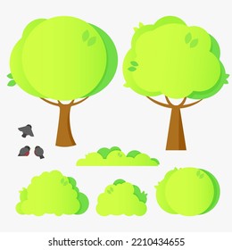 Set of green city trees and bushes with bullfinches
