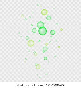 Set of green clear drops of pure clear water isolated on a transparent background. Realistic vector illustration. Can be used for wallpaper, textile, invitation card, web page background.