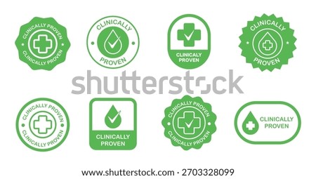 Set of green clinically proven badges and emblems for medical products