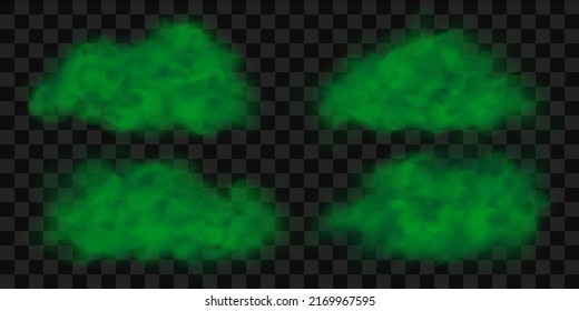 Set of green clouds of gas, fog or smoke. Realistic smog, haze, mist or cloudiness effect. Vector illustration, isolated on transparent background. 