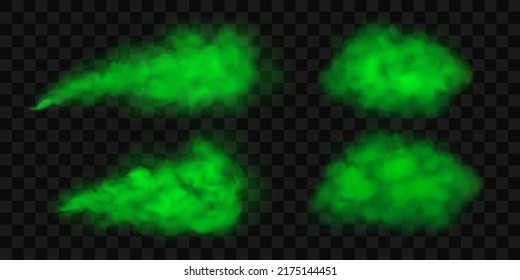 Set of green clouds of gas, fog or smoke. Realistic smog, haze, mist or cloudiness effect. Vector illustration, isolated on transparent background. 