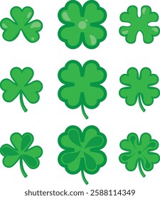 set of Green clover leaf with three and four petals on transparent background. set of lucky Irish symbol shamrock. Trefoil and quatrefoil single and in bundle for St Patrick design.